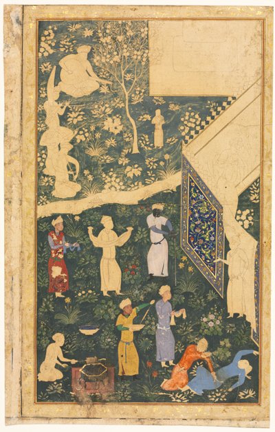 皇家营地外部的音乐家和仆人直肠，c。 1485。 作者 比哈扎德