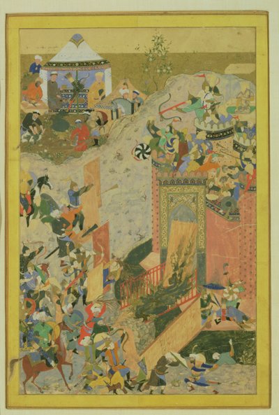 攻击城堡，波斯，帖木儿时期（1370-1506）c.1475-1500（wc和金箔在纸上） 作者 Bihzad attr。到比哈扎德·阿特尔。到