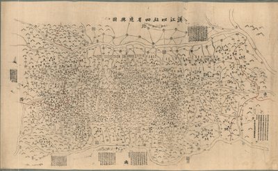 汉江乙四省边语图，可办。 东西边界上用红墨水书写的手稿信息。 安装在第二张纸上，并用布加固边缘。 也可通过美国国会图书馆网站以光栅图像形式获取。 LC警察 作者 郑炳然