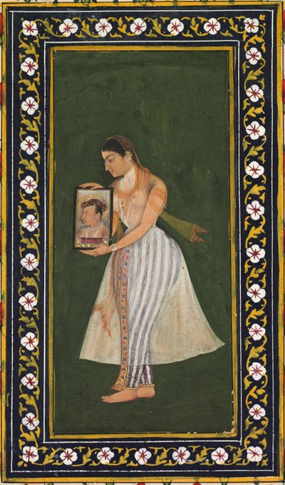 努尔·贾汉（Nur Jahan），手持贾汉吉尔皇帝的肖像c。 1627。 作者 比赞达斯