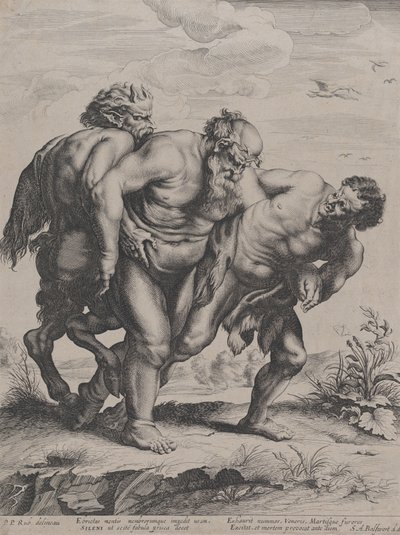 醉酒的西勒努斯，由一个萨提尔和一个法农支持，1625-59年。 作者 Boetius Adams Bolswert