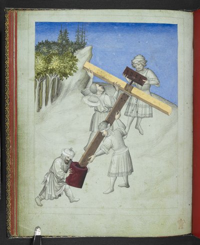 Add24189，f.11v，基督十字架的组装，由四种不同类型的木材制成，以不同的颜色描绘，选自 "约翰-曼德维尔爵士游记画册"，约 1410 年（牛皮纸） 作者 波希米亚派