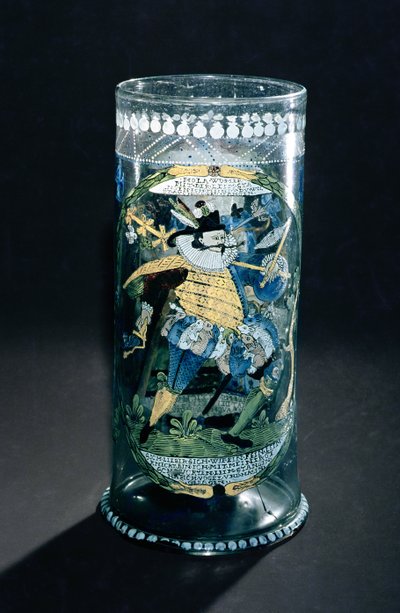 Humpen（高大的烧杯），珐琅装饰的猎人和女人，c.1594（玻璃） 作者 Bohemian School