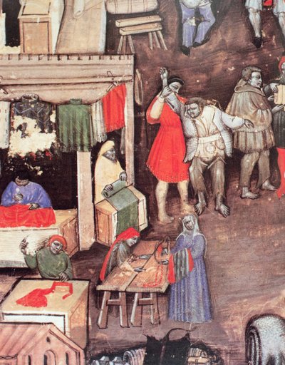 市场上的布商，摘自手稿《Statuto delle Corporazione dei Mercanti》（牛皮纸） 作者 博洛涅塞学校