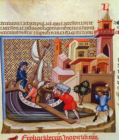 将货物装船，选自手稿《Justiniano Institutiones Feodorum et Alia》，约 1300 年（牛皮纸） 作者 博洛涅塞学校