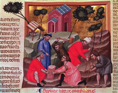 大理石切割机和碎石机，来自手稿“Justianian Institutees Feodorum et Alia Codex”，c.1300（牛皮纸） 作者 博洛涅塞学校