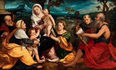 圣人环绕的神圣家族，约 1530 年（油画板） 作者 Bonifazio Veronese