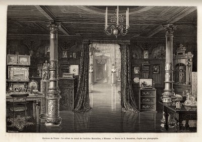 奥地利大公马克西米利安 (1832-1867) 的工作柜，位于他在的里雅斯特附近建造的米拉马尔城堡，从 1857 年起，他被宣布为伦巴第和威尼托王国的副国王，由 B.Bonnafoux illustra 作者 Bonnafoux Bonnafoux