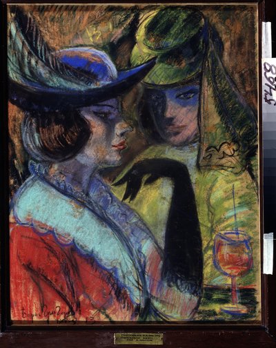 Cafe a Paris（巴黎咖啡馆）。两位优雅的女士围坐在巴黎小酒馆的餐桌旁。Boris Dmitryevich Grigoriev（1886-1939 年）的作品，木板粉彩画 作者 鲍里斯·德米特里耶维奇·格里戈里耶夫