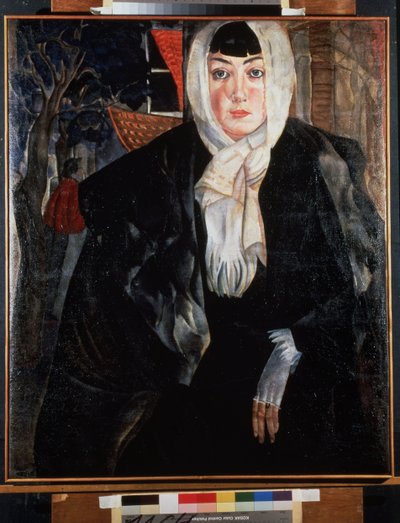Portrait de femme（女性肖像）。面容忧郁的美丽女性，在街上，头戴围巾，身穿黑色大衣，不慌不忙地倚靠着，露出一只戴着白色手套的纤纤玉手。博的作品 作者 鲍里斯·德米特里耶维奇·格里戈里耶夫