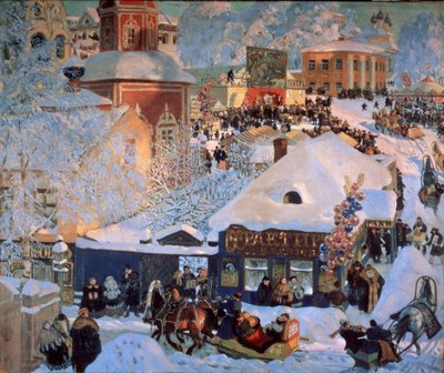 冬季，狂欢节（Winter, Schrovetide）。在一个外省小镇的雪地街道上举行传统节日活动。除了对小镇的建筑、成串的气球、鬃毛、酒馆门面和马拉雪橇的描述外，还有对节日庆典的描述。 作者 鲍里斯·米哈伊洛维奇·库斯托季耶夫