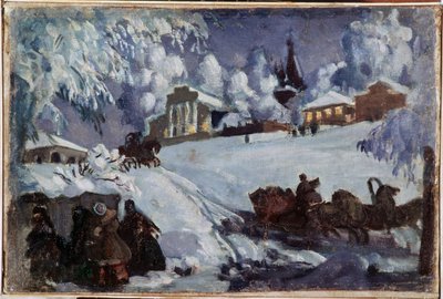 冬天，骑雪橇。Boris Michaylovich Kustodiev（库斯托季耶夫）（1878-1927 年）的画作，布面油画，约 1920 年。俄罗斯艺术，20 世纪初。私人收藏。 作者 鲍里斯·米哈伊洛维奇·库斯托季耶夫