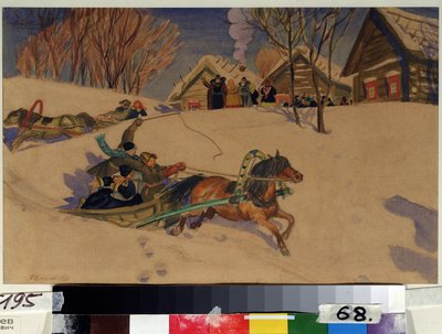狂欢节（Shrovetide）。精神焕发的孩子们坐着马拉的雪橇，穿过雪地，经过木屋村。大人们聚集在一起迎接他们。鲍里斯-米哈伊洛维奇-库斯托季耶夫（Koustodiev）（1878-1927 年）的作品，水彩画 作者 鲍里斯·米哈伊洛维奇·库斯托季耶夫