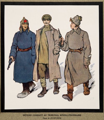 Detainee being taken to a Revolutionary Tribunal; from Histoire des Soviets, pub. 1922 (colour litho) 作者 鲍里斯·瓦西里耶维奇·兹沃里金