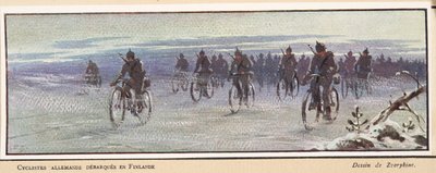 抵达芬兰的德国自行车手；来自《苏联史》，出版。1922年（彩色平版印刷）。 作者 鲍里斯·瓦西里耶维奇·兹沃里金
