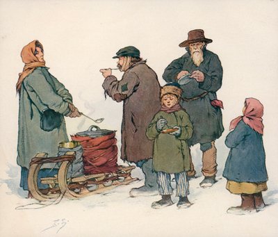 苏俄街头卖热汤的女人（彩色石版画） 作者 鲍里斯·瓦西里耶维奇·兹沃里金