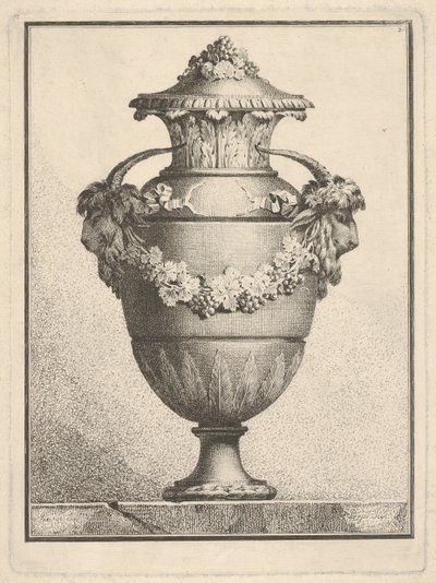 带有两个山羊头和花环的有盖花瓶设计，1764年。 作者 博西