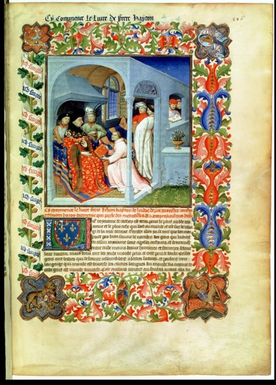 海尔顿弟兄2810 f.226号女士，从“世界奇迹之书”（c.1410-12，1月1日的蛋彩画）中向约翰无畏者提出了他的书。 作者 Boucicaut Master