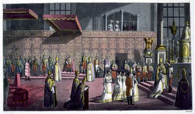 匈牙利主教在匈牙利Westprim的Collegiate教堂为王后加冕，板块5来自Jules Ferrario的《Le Costume Ancien et Moderne》，约19世纪20-30年代出版（彩色平版印刷）。 作者 布拉马蒂 布拉马蒂