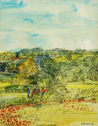 男子与马，1986年（笔和墨水与纸张在纸上） 作者 布伦达·布林·布克