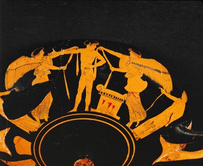 胜利女神耐克为站在祭坛旁的年轻运动员披上绶带... 作者 Briseis画家