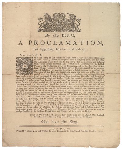 宣告叛乱的宣言......，1775年8月23日 作者 英国学校