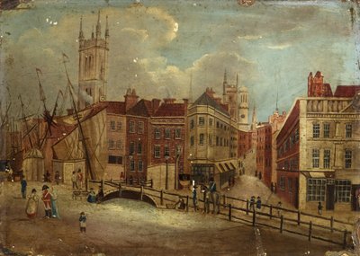 约 1810 年，圣奥古斯丁里奇与圣斯蒂芬教堂和粟米街的景观（木板油画） 作者 英国学校