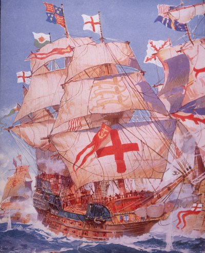 皇家方舟在1588年与西班牙舰队作战（彩色平版印刷）。 作者 英国学校