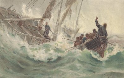 船长和他忠实的爱犬与失事船只一同沉没，船员逃生（彩色石版画） 作者 英国学校
