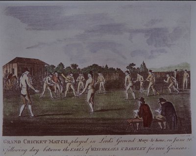 1793年6月在勋爵球场举行的板球比赛（彩色版画）。 作者 英国学校