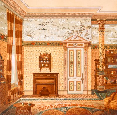 美观的室内设计，来自“McCulloch & Gow 设计的室内装饰”，1880 年代出版（彩色平版印刷） 作者 英国学校