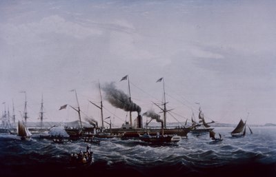 大西部轮船，由布鲁内尔设计，1837 年于布里斯托尔完工（彩色平版印刷） 作者 英国学校