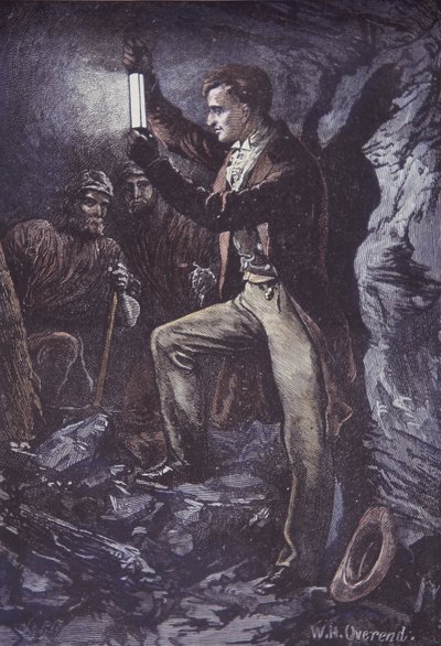 汉弗莱-戴维与戴维矿工安全灯，1815 年发明（手绘木版画） 作者 英国学校