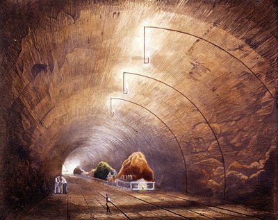 工业革命：曼彻斯特-利物浦铁路线上的铁路隧道。图片取自 1832 年伦敦出版的《利物浦和曼彻斯特铁路》。 作者 英国学校