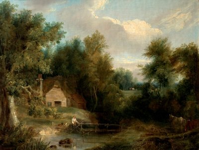 风景、小屋和一条小溪，还有一个人物和一座房子（布面油画） 作者 英国学校