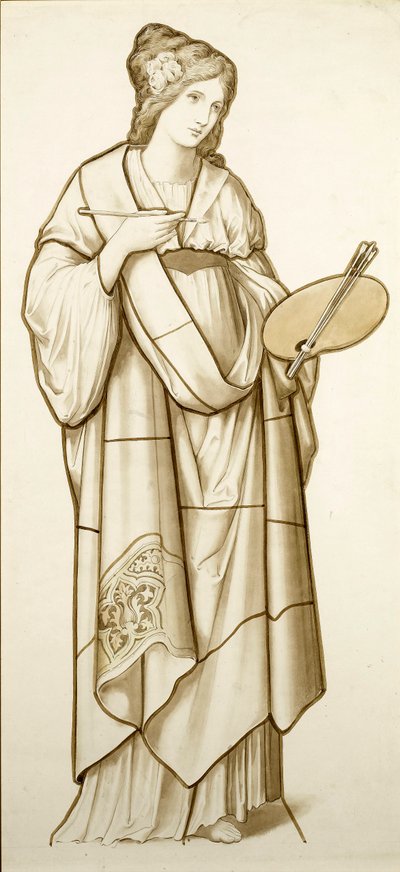 绘画缪斯 - 彩色玻璃卡通，c.1890（纸上水彩） 作者 英国学校