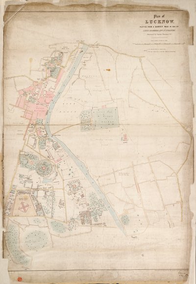 勒克瑙平面图，根据第 52 步兵中尉 Moorsom 1856 年的勘测绘制。中尉绘制。(由上尉 Moorsom，C.E.提交），约 1856 年（丝绸、纸张） 作者 英国学校