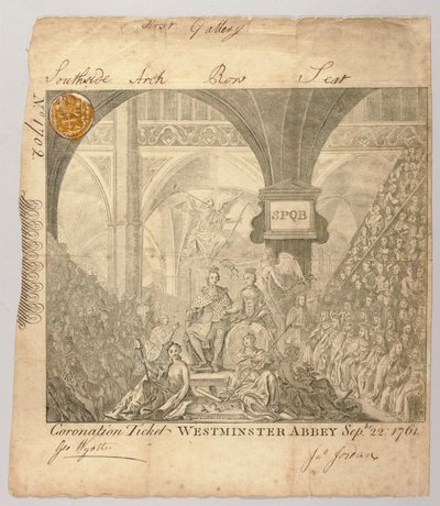 乔治·比克汉姆（George Bickham）于1761年9月22日刻在威斯敏斯特大教堂举行的乔治三世加冕典礼的门票（雕刻） 作者 英国学校