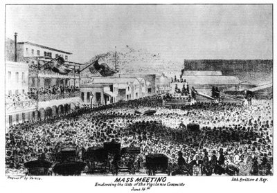 1856年，加利福尼亚州萨克拉曼多，维吉兰特堡外举行群众大会，1856年。 作者 布里顿和雷伊