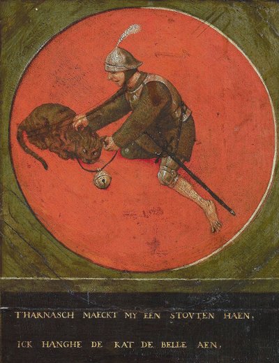 给我一件盔甲，我变得胆大了，足以为这只猫打铃，1558年。 作者 布吕格尔