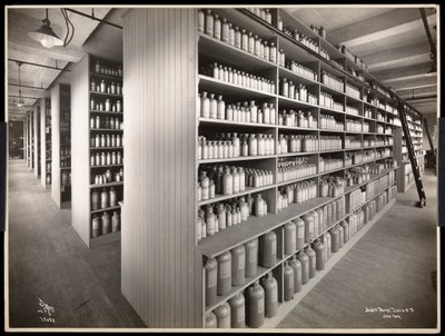 Parke，Davis und Co.，化学家，Hudson und Vestry Streets，纽约，化学储藏室的内部视图，1910年（银色明胶印刷品） 作者 拜伦公司