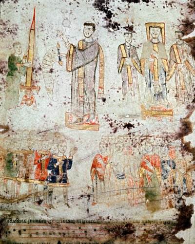 拜占庭艺术。"意大利Gaete（Gaeta）市的Eveque、神职人员和领主（patricius）出席的复活节蜡烛祝福仪式"，11世纪初 "Exultet "的微型画，博物馆。 作者 拜占庭
