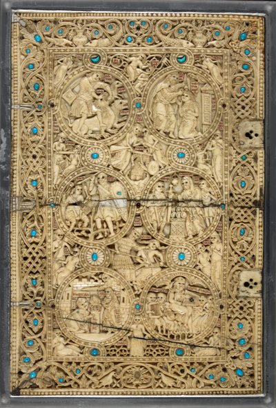 埃杰顿 MS 1139 封面上的大卫生平场景，"梅利森德女王诗篇"，耶路撒冷，约 1131-40（象牙和绿松石） 作者 拜占庭