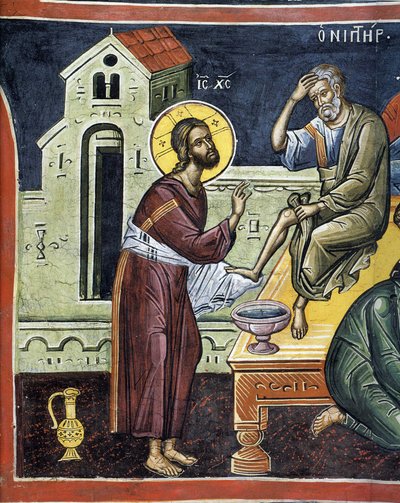基督为使徒洗脚 - 拜占庭大师 - 16 世纪 - 壁画 - Dionysiou monastery, Mount Athos 作者 拜占庭