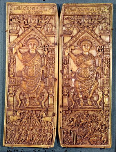 Anastasius（491-518）的领事双联画刻在君士坦丁堡，Theodosian Style，公元517年 作者 拜占庭学派