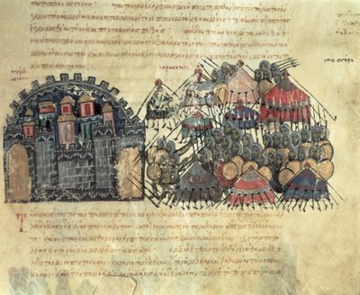 MMS Vitr.26-7 拜占庭人围攻墨西拿，选自马德里 Skylitzes（牛皮纸） 作者 拜占庭学派