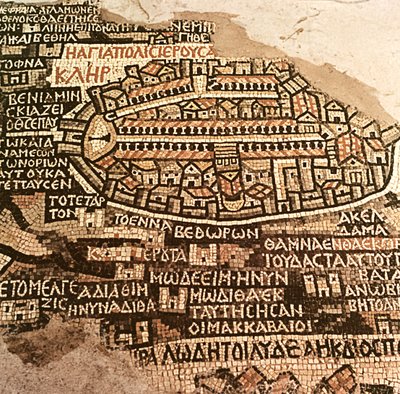 耶路撒冷市及周边地区，详细信息来自Madaba马赛克地图，Byzantine，6世纪（马赛克） 作者 Byzantine School