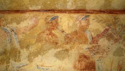 音乐家，壁画，细节，蓝色恶魔之墓，塔尔基尼亚墓园（联合国教科文组织世界遗产名录，2004），意大利拉齐奥。伊特鲁里亚文明，公元前5世纪(照片) 作者 J.B. and Brown J. Rowbotham