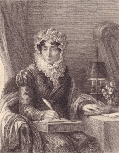 法国作家Stephanie-Felicite Ducrest de Saint Aubin, Madame de Genlis (1746-1830)的肖像，雕版画 作者 JB 和 Brown J. 和 Rowbotham