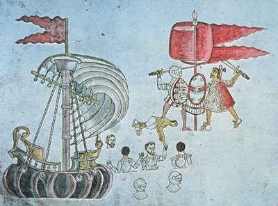 1519年，埃尔南-科尔特斯的西班牙士兵涉水上岸与阿兹特克人作战，抄自《阿兹卡特兰法典》，约1550年（彩色平印）。 作者 JB 和 Brown J. 和 Rowbotham